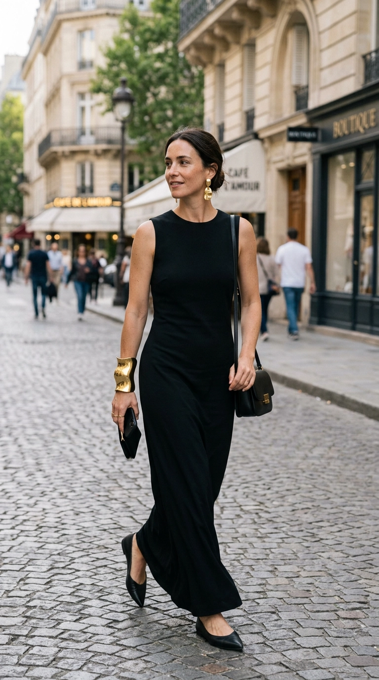 A woman wearing a simple black column dress with one statement gold cuff and elegant earrings, photorealistic luxury editorial fashion street style, shot on 35mm lens, highly detailed, ultra-realistic, soft natural lighting, editorial aesthetic. No text or typography. --ar 9:16