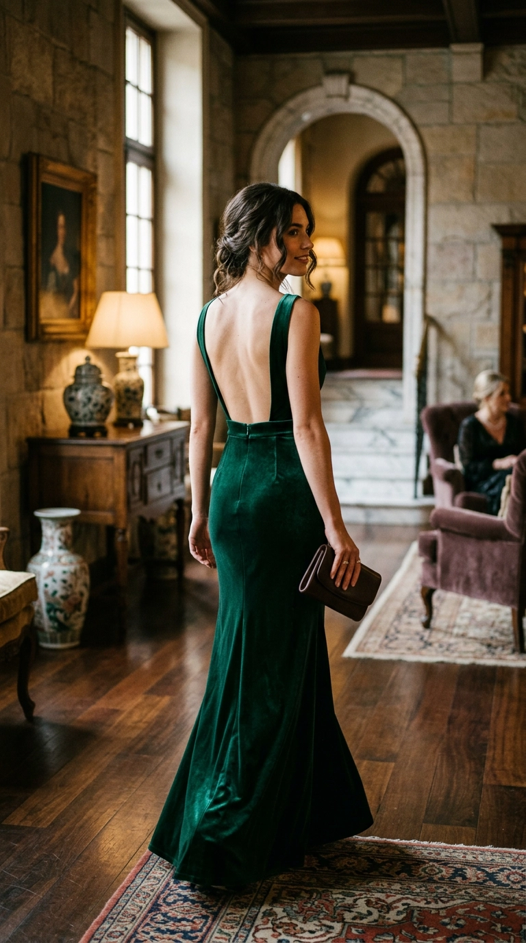 A woman in a backless emerald green velvet gown with a flawless silhouette, walking through a boutique hotel lobby, photorealistic luxury editorial fashion street style, shot on 35mm lens, highly detailed, ultra-realistic, soft natural lighting, editorial aesthetic. No text or typography. --ar 9:16
