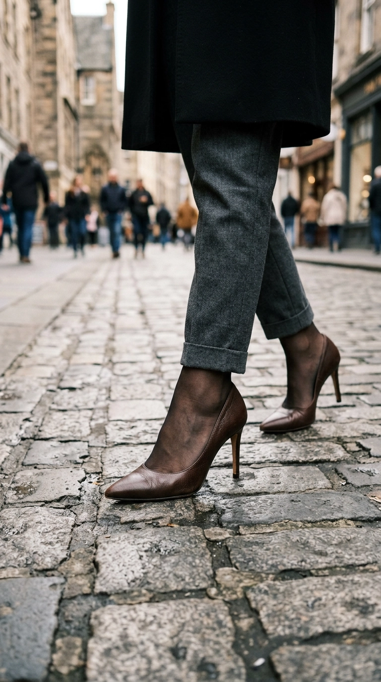 A close-up of high-quality pointed-toe leather pumps with a sharp stiletto heel on a cobblestone street, photorealistic luxury editorial fashion street style, shot on 35mm lens, highly detailed, ultra-realistic, soft natural lighting, editorial aesthetic. No text or typography. --ar 9:16
