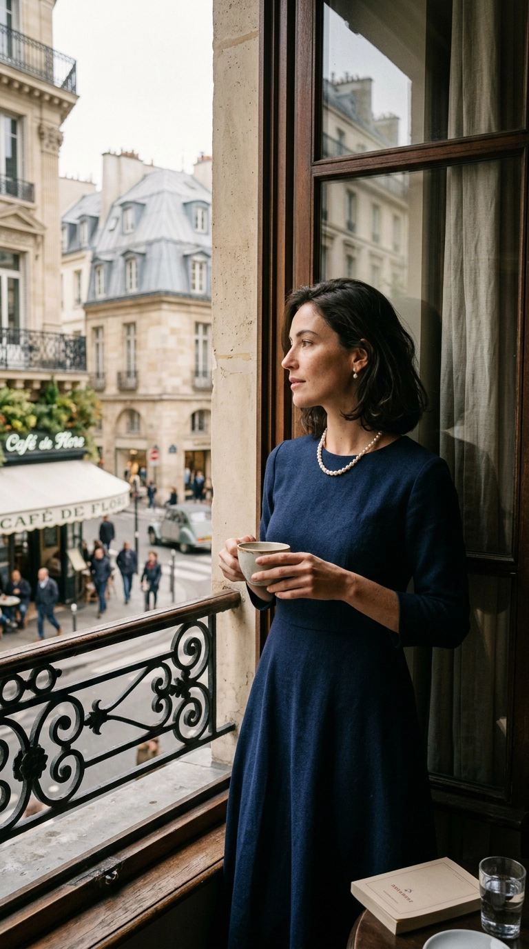 A woman in a timeless navy blue A-line dress with a classic pearl necklace, looking out of a window in Paris, photorealistic luxury editorial fashion street style, shot on 35mm lens, highly detailed, ultra-realistic, soft natural lighting, editorial aesthetic. No text or typography. --ar 9:16