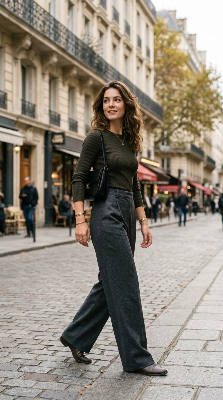 A woman wearing wide-leg trousers and a slim-fitting ribbed knit top, creating a balanced silhouette, photorealistic luxury editorial fashion street style, shot on 35mm lens, highly detailed, ultra-realistic, soft natural lighting, editorial aesthetic. No text or typography. --ar 9:16